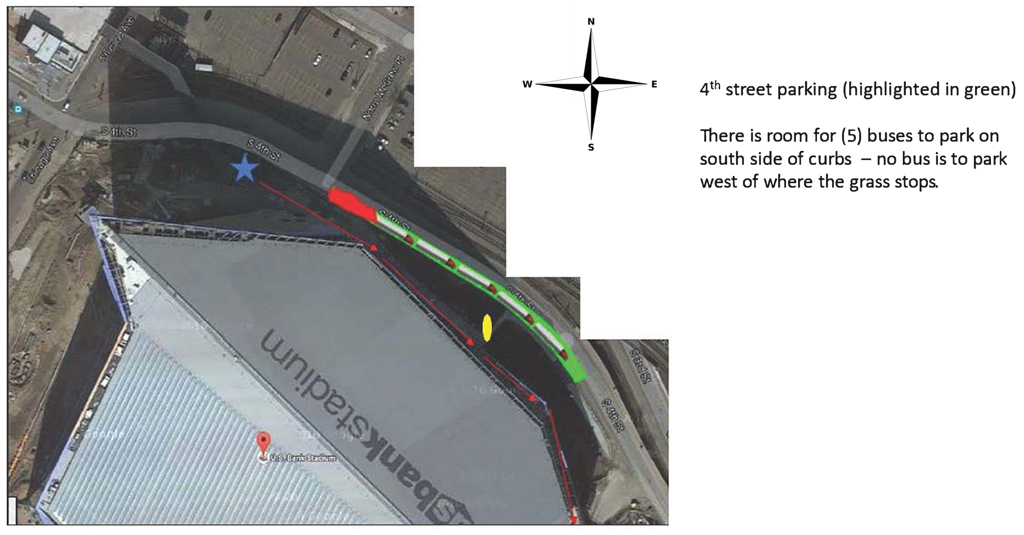 U.S. Bank Stadium map showing the 4th Street bus parking and drop off dead lane