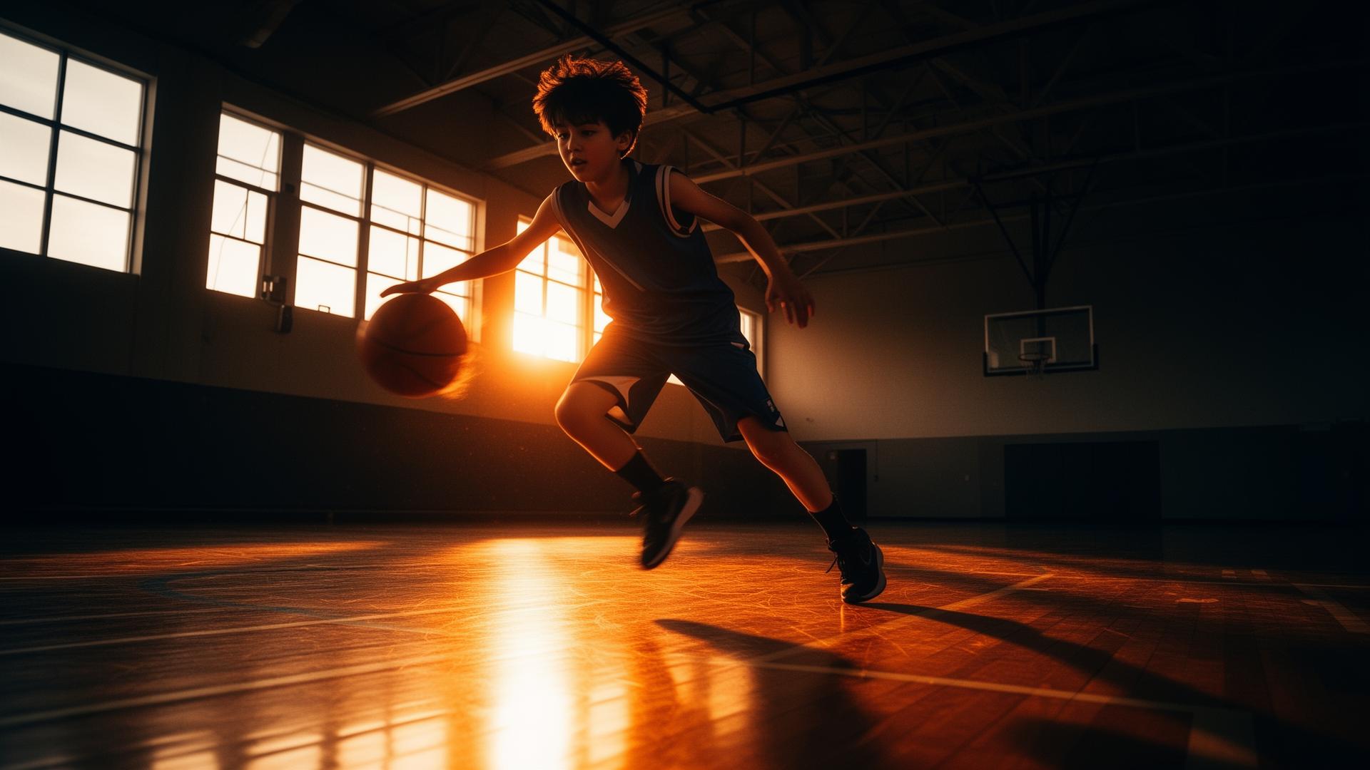 Young basketball player dribbling on a gym court