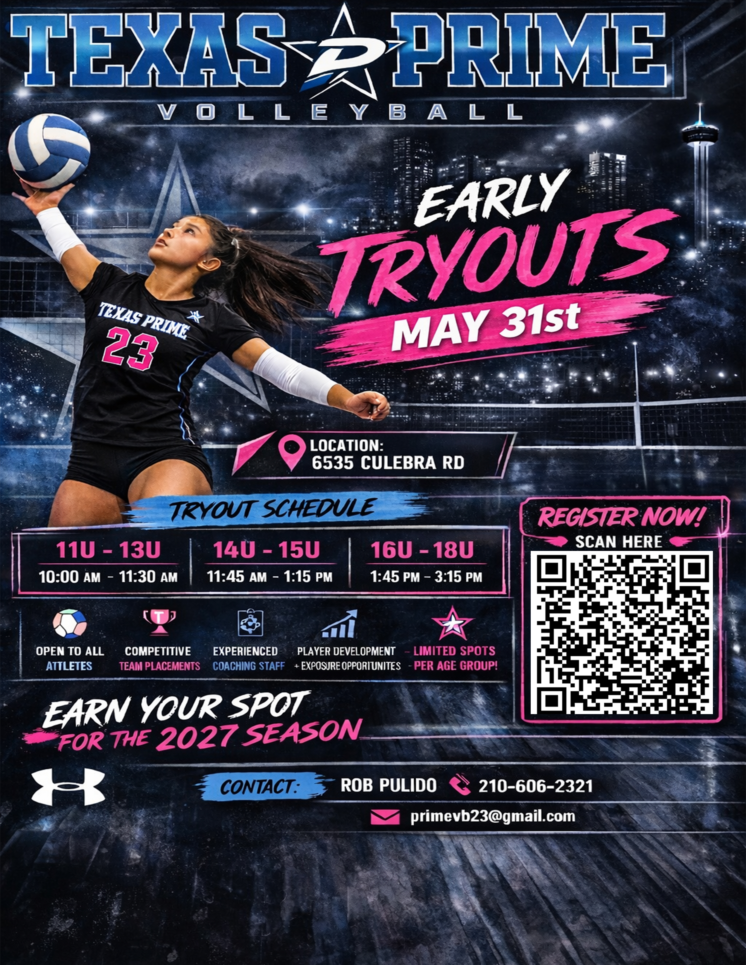 Texas Prime Volleyball early tryouts flyer