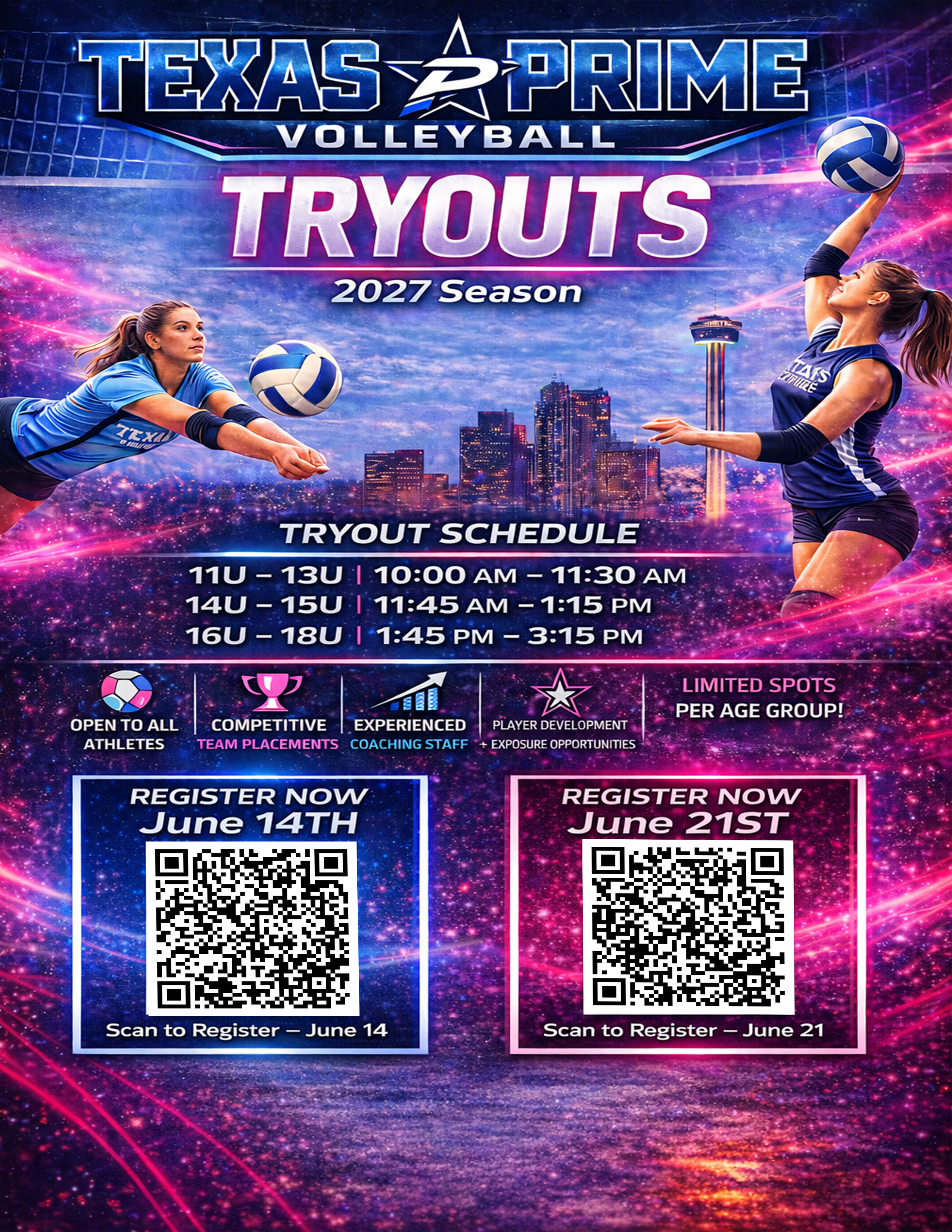 Texas Prime Volleyball 2027 season tryouts flyer